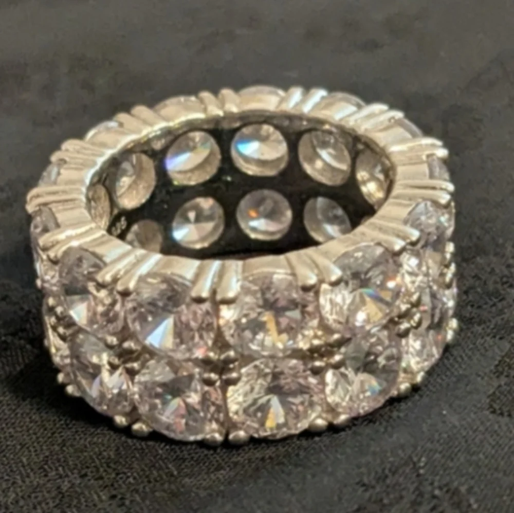 Trendy 925 Solid Sterling Silver Ring Brilliant Double Row CZ Tennis Ring Size 6 - Picture 3 of 7